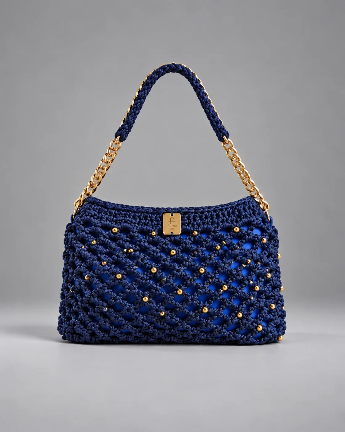 Blu notte, borchie e catena, borsa fatta a mano Panna Bags