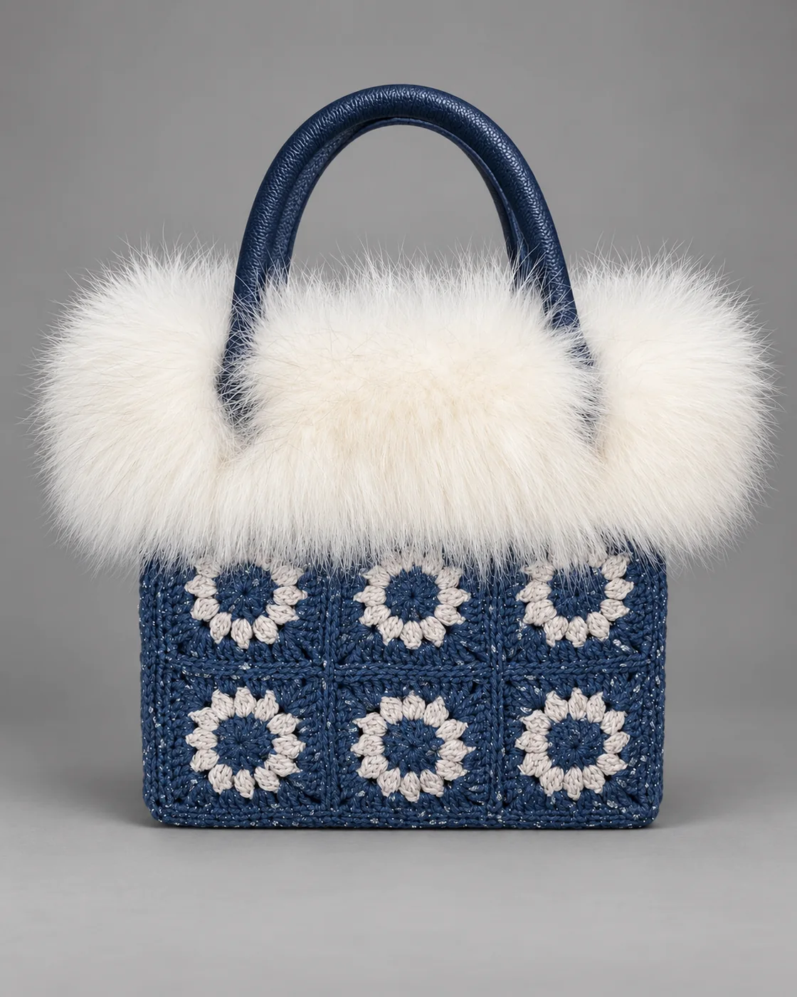 Blu a margherite, bordo in pelo, borsa fatta a mano Panna Bags
