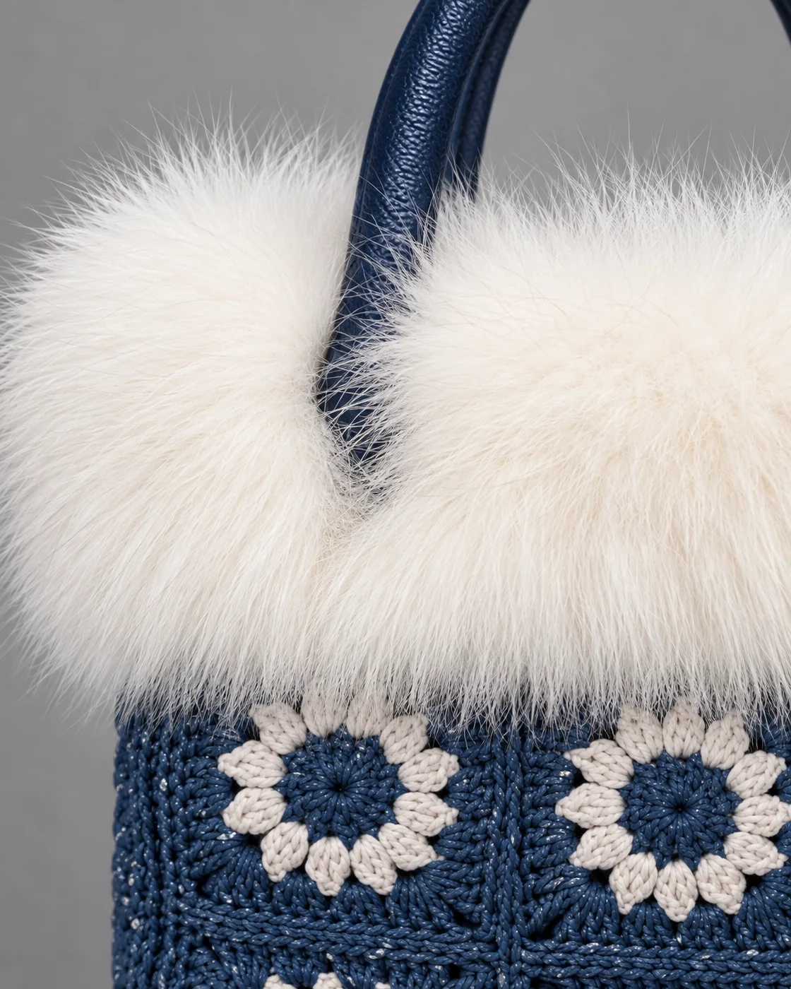 Blu a margherite, bordo in pelo, borsa fatta a mano Panna Bags