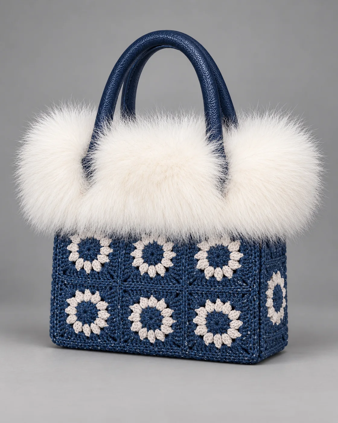 Blu a margherite, bordo in pelo, borsa fatta a mano Panna Bags