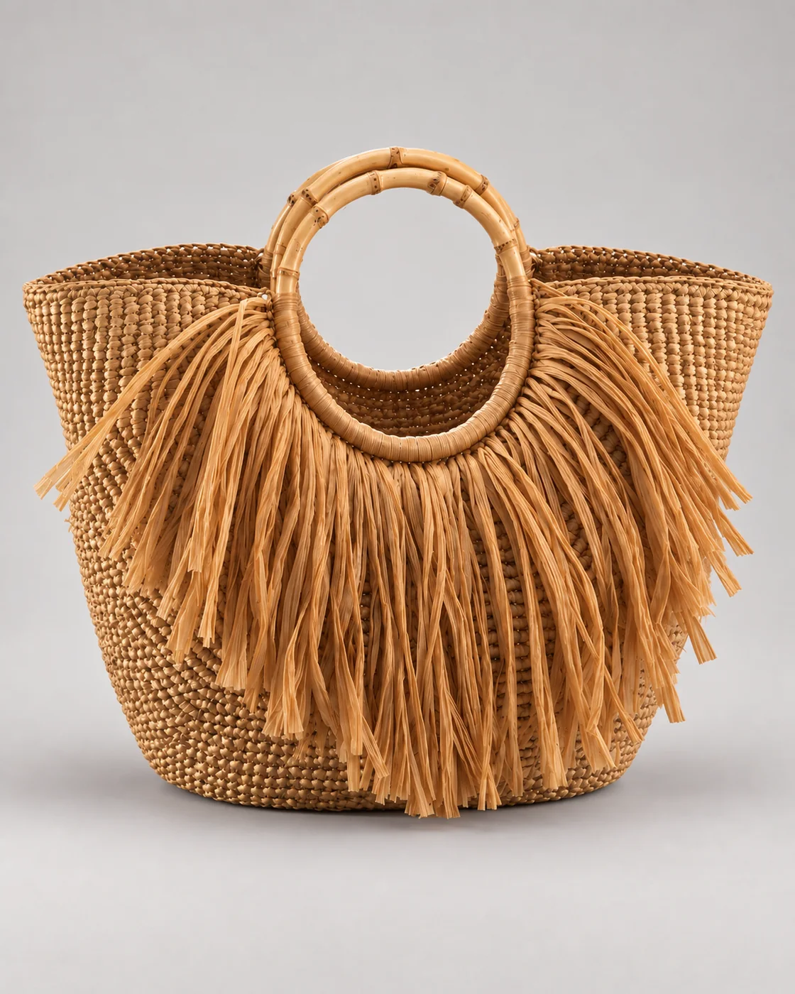 Senape, frange e bambu, borsa fatta a mano Panna Bags