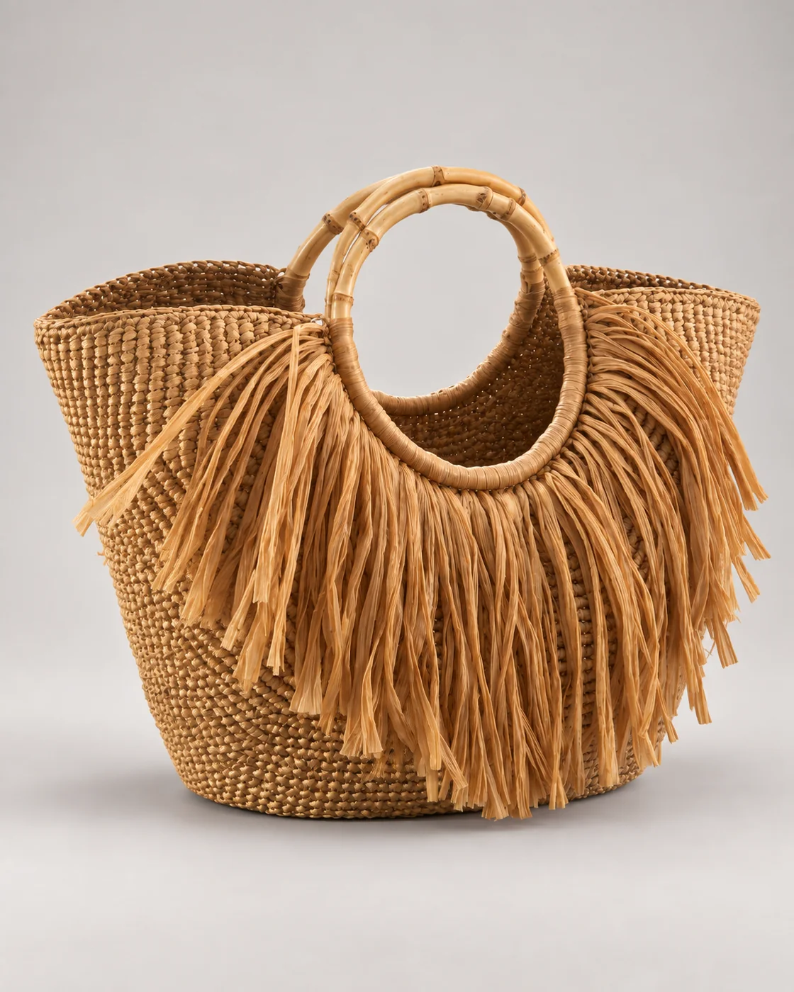 Senape, frange e bambu, borsa fatta a mano Panna Bags