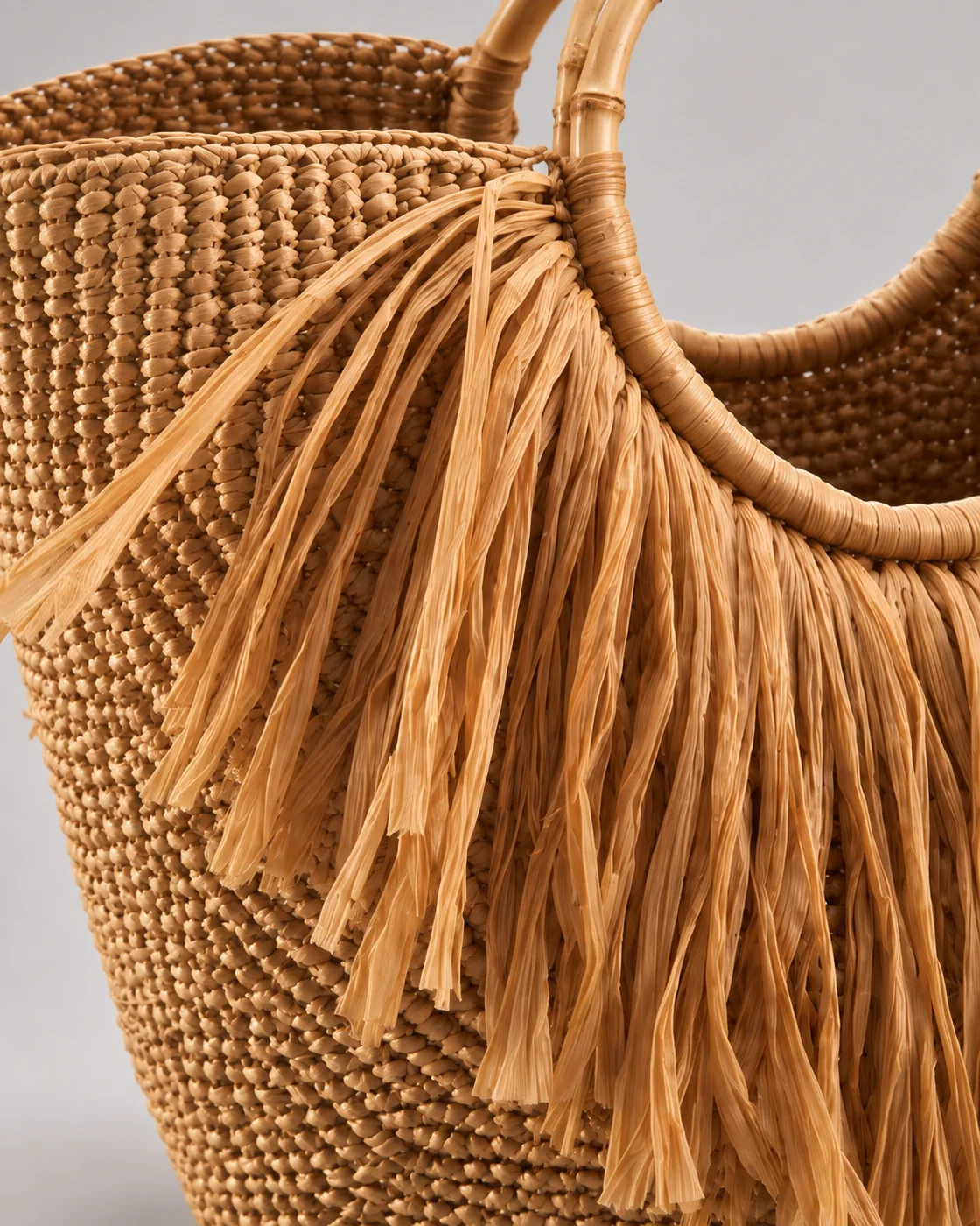 Senape, frange e bambu, borsa fatta a mano Panna Bags