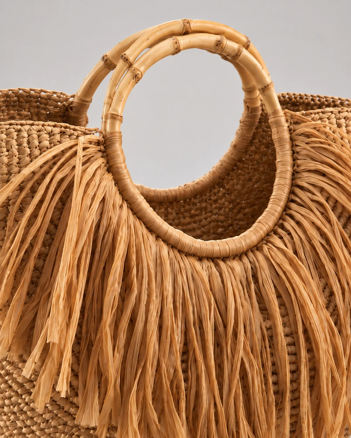 Senape, frange e bambu, borsa fatta a mano Panna Bags