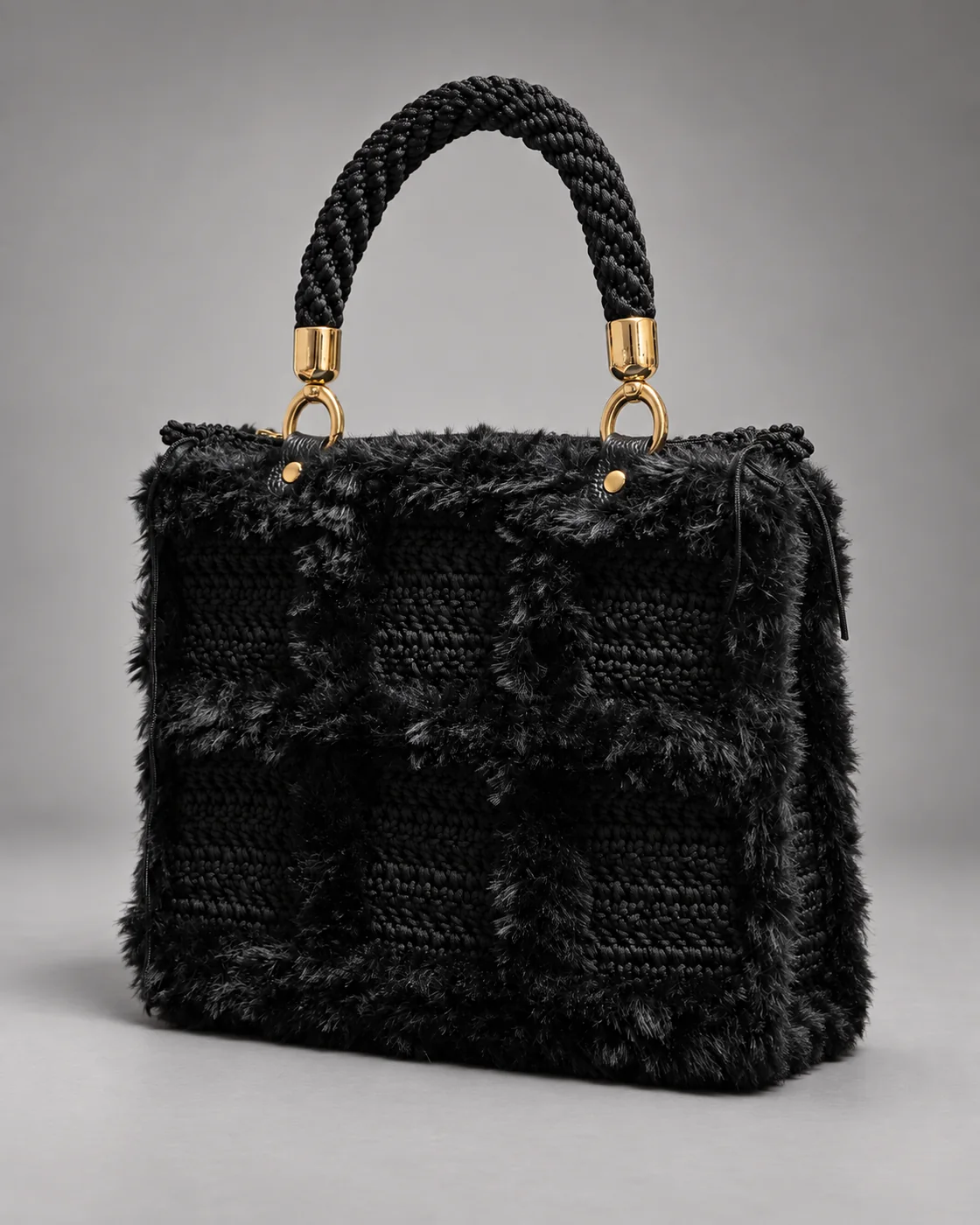 Pelo nero, manici a corda, borsa fatta a mano Panna Bags