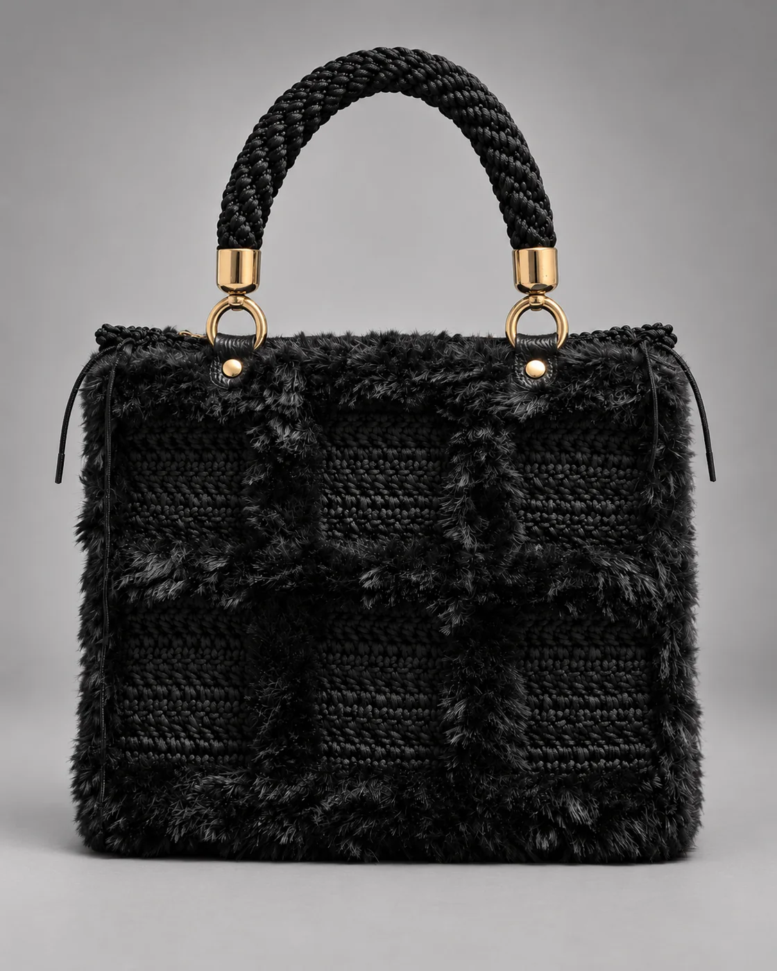 Pelo nero, manici a corda, borsa fatta a mano Panna Bags