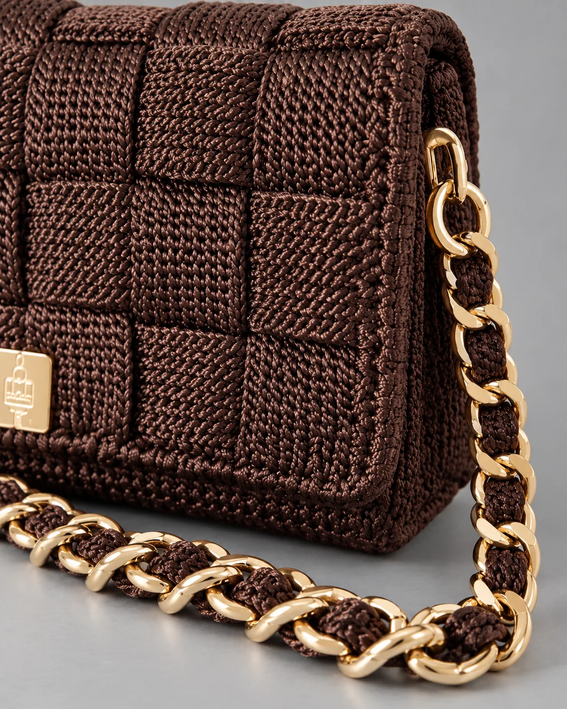 Marrone a quadri, catena oro, borsa fatta a mano Panna Bags