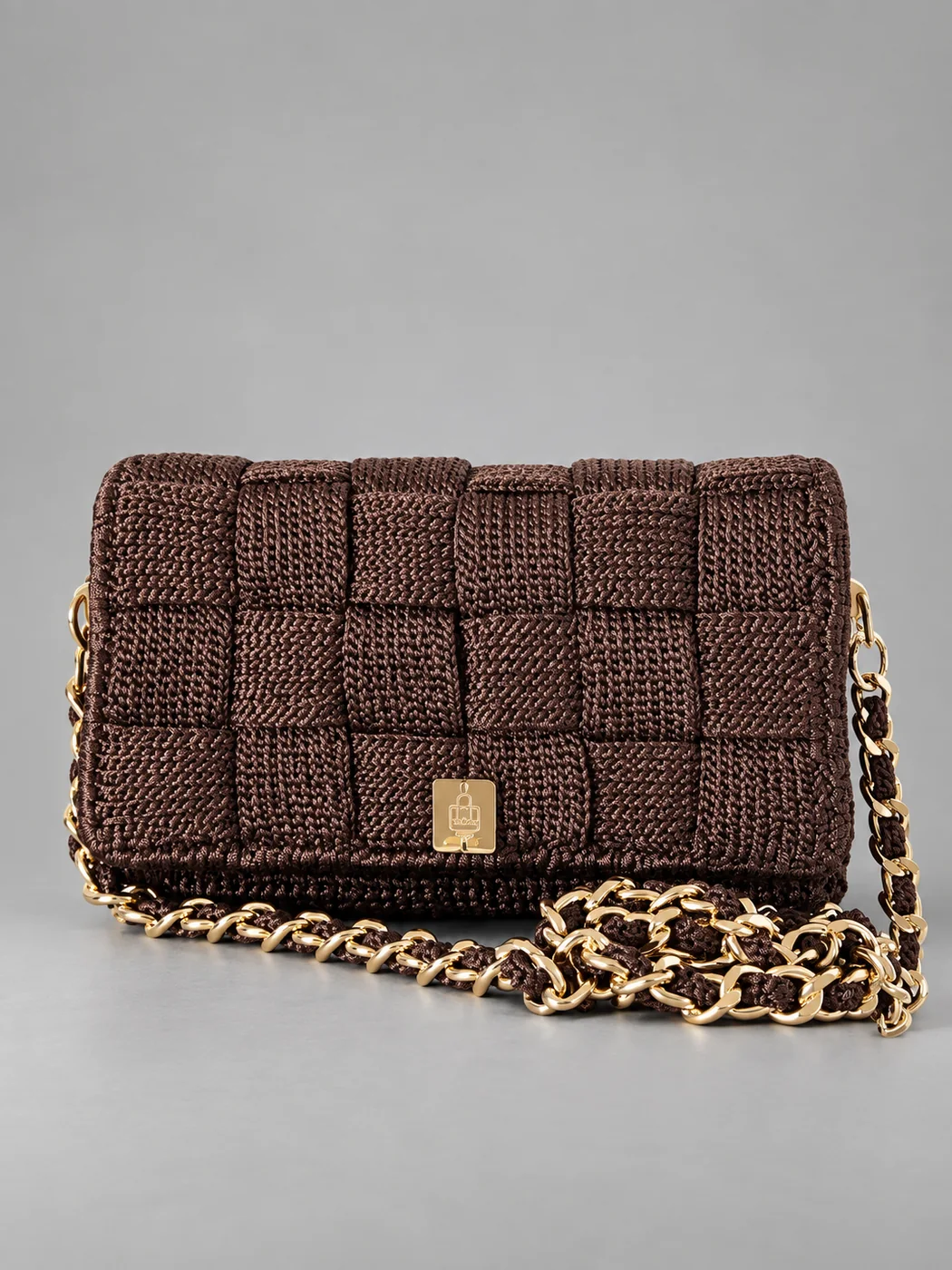 Marrone a quadri, catena oro, borsa fatta a mano Panna Bags