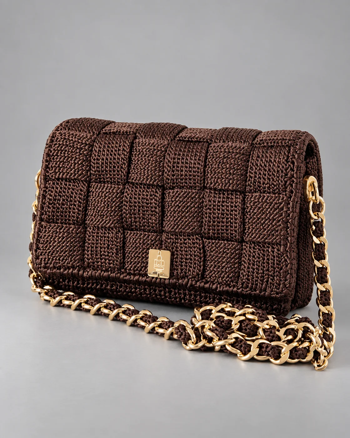 Marrone a quadri, catena oro, borsa fatta a mano Panna Bags