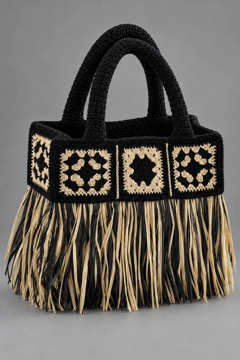 Borsa granny con frange, borsa fatta a mano Panna Bags