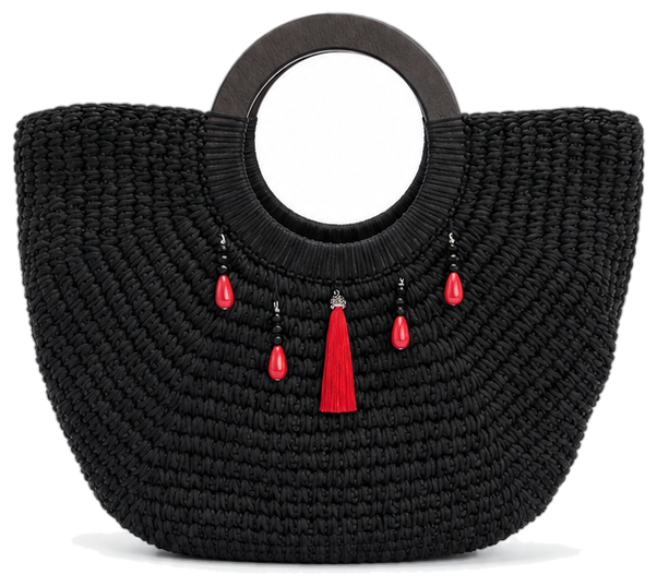 Borsa Panna Bags a mezzaluna nera con nappina rossa